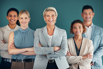 Image showing Business people, collaboration and corporate group in portrait, team leader and happiness, lawyers on studio background. Happy, success and working together at law firm with teamwork and diversity