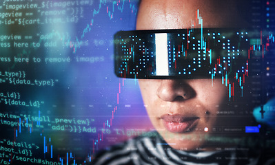 Image showing Metaverse, woman face and virtual reality glasses with overlay for digital transformation and ar. Person with matrix vr hologram for cyber and 3d world for big data, infographic and future coding