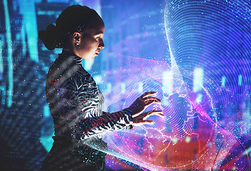 Image showing Woman, metaverse and global network with hologram, futuristic and security with connection, digital and software. Holographic, world or future with web design, cyber or 3d with virtual reality or ai