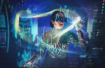 Image showing Metaverse, virtual reality glasses and woman with overlay for stock market digital transformation. Vr headset girl ar hologram with cyber 3d world for big data, future tech and trading infographics