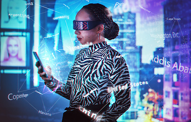 Image showing Metaverse, virtual reality glasses and woman with phone dashboard overlay for digital transformation. Person with vr headset for global ux ar hologram for cyber, future and 3d world for big data