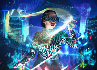 Image showing Metaverse, woman and augmented reality glasses with dashboard overlay for digital transformation. Person with vr headset ar hologram for cyber 3d world ux for big data and futuristic infographics