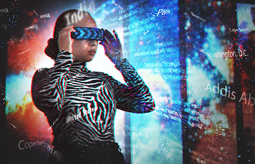 Image showing Metaverse, woman and virtual reality glasses with global overlay for digital transformation. Person with vr headset for ai software hologram with cyber 3d world for big data, future and travel news