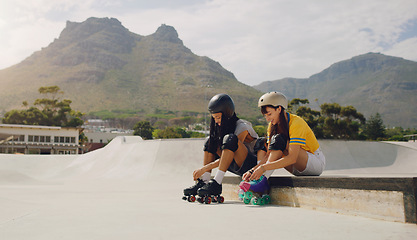Image showing Rollerskate, mockup and view with friends at a skatepark together for sports, fun or recreation. Skating, mountain or fitness with a man and woman bonding while getting ready for training outdoor