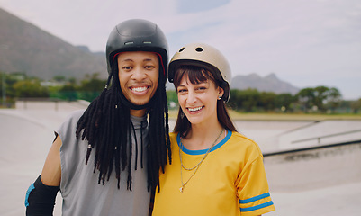 Image showing Urban skate park, portrait and couple of friends with love and freedom outdoor for skating. Summer, gen z and young interracial skater people together in the sunshine ready for skateboarding