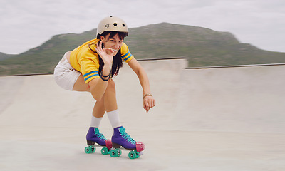 Image showing Rollerskate, extreme sports and woman with perfect sign or hand gesture in a skate park with mockup outdoors. Athlete, skater and female skating, practicing or training with safety helmet