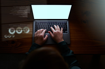 Image showing Night, mockup and hands of woman with laptop with overlay for cyber security, software and future from above. Planning, database and chart with employee typing for technology, digital and internet