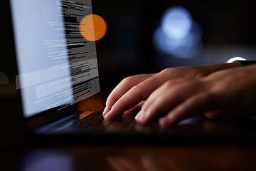 Image showing Laptop, coding and hands typing at night with information technology, programming and cybersecurity overlay. Person on computer closeup for software development, tech research and big data analysis