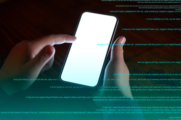 Image showing Phone, data and overlay with a person doing a cloud computing search for information technology. Hands, mobile and cyber security for communication, networking on software programming and coding