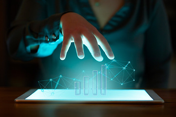 Image showing Hand, tablet and hologram graph in night at office for fintech, cybersecurity and data analytics at desk. Woman, finance expert and 3d holographic chart for growth, stock market research and software