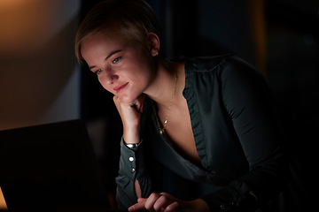 Image showing Blackout, night and woman working in the evening doing remote work from home, house or apartment late. Person, workaholic and female entrepreneur typing on laptop in the dark due to power cut