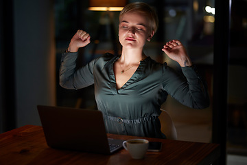 Image showing Young woman stretching at desk for night health, muscle wellness and calm energy with work life balance. Business worker, employee or person on laptop with fatigue, tired and self care in office