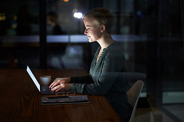 Image showing Night, laptop and search with woman in office for planning, overtime and corporate strategy. Deadline, technology and email with employee typing proposal at desk for business, trading and internet