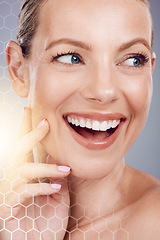 Image showing Woman, studio and skincare with hologram for beauty, cosmetic wellness or smile on face by gray background. Model, holographic overlay or futuristic aesthetic for happiness, clean facial skin or glow