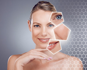 Image showing Woman, portrait and skin wellness with hologram in studio, cosmetic beauty or face by gray background. Model, holographic overlay or aesthetic for ai analysis in zoom of eye, mouth or plastic surgery