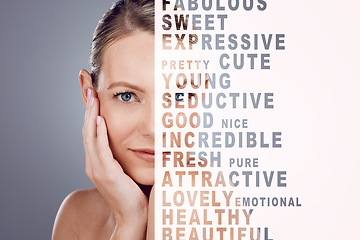 Image showing Beauty, words and portrait or face of woman with skincare, self care and cosmetics makeup isolated in a studio background. Quotes, letters and female model with empowerment message for skin