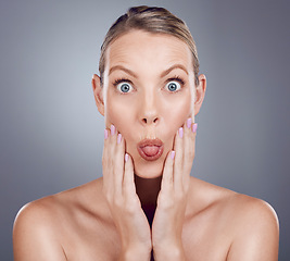 Image showing Skincare, beauty and portrait of woman with tongue out in studio for makeup, cosmetics and wellness. Female model, funny face and expression for facial aesthetic, glow and emoji on background