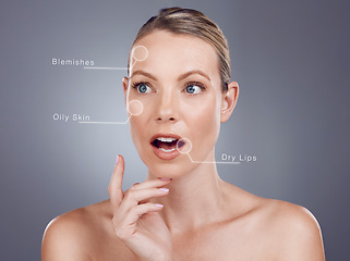 Image showing Woman, studio and skincare with hologram for wellness, cosmetic beauty or wow face by gray background. Model, holographic overlay or futuristic aesthetic with ai analysis for facial treatment program