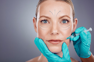 Image showing Woman, studio portrait and lip filler injection for plastic surgery, cosmetics and beauty by gray background. Model, anti aging and headshot with skincare, writing and face transformation by surgeon