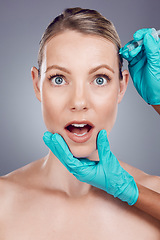 Image showing Injection, scared woman and face for skincare, collagen and beauty process in studio. Cosmetics, surprise portrait and needle for plastic surgery, botox facial change and aesthetic prp on background