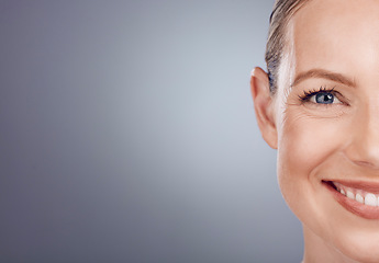 Image showing Half face, woman and mockup portrait of beauty for wellness, studio and happy salon results. Closeup model, split facial and skincare of facial aesthetic, laser dermatology and smile on mock up space
