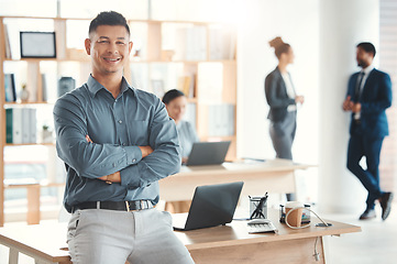 Image showing Portrait, arms crossed and smile of business man in office ready for goals in company. Ceo, boss and happy, confident or proud male entrepreneur with vision, mission or success mindset in workplace.