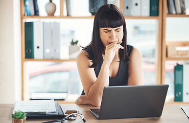 Image showing Yawn, tired and business woman in office while working on laptop in company workplace. Computer, exhausted and bored young female employee yawning, fatigue and overworked, feeling sleepy or burnout.