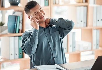 Image showing Office, stress and man with neck pain, phone call at desk for crm communication, tired ceo at startup. Business manager, conversation and networking, businessman on smartphone with deadline pressure.