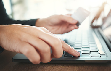 Image showing Online shopping, credit card and hands on a laptop for payment, ecommerce and banking. Business, finance and employee on the internet for retail, purchase and ordering from the web typing on a pc