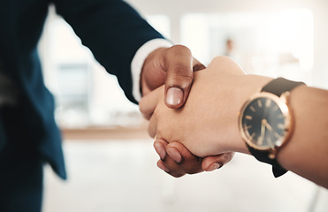 Image showing Teamwork, handshake and partnership collaboration in office for contract, deal or onboarding. Thank you, welcome or business people shaking hands for hiring, recruitment or agreement, b2b or greeting