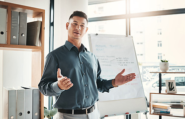 Image showing Businessman, coaching and whiteboard in FAQ, presentation or leadership at office workshop. Male leader, coach or mentor speaking in staff training for marketing, planning or corporate strategy