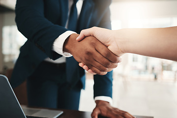 Image showing Handshake, teamwork and partnership collaboration in office for contract, deal or onboarding. Thank you, welcome or business people shaking hands for hiring, recruitment or agreement, b2b or greeting