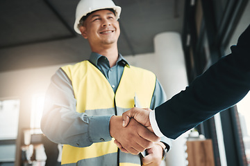 Image showing Handshake, partnership and collaboration of engineer in office for contract, deal or onboarding. Architecture, thank you and people shaking hands for hiring, recruitment or agreement, b2b or greeting