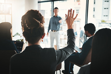 Image showing Businessman, coaching and presentation with audience in FAQ, answer or leadership at office workshop. Male leader speaking in staff training with hand raised for marketing, planning or strategy idea