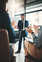 Image showing Applause, black man and business people in presentation, meeting or workshop in office. Leadership, congratulations and group of employees clapping for goals, speech targets or success celebration.