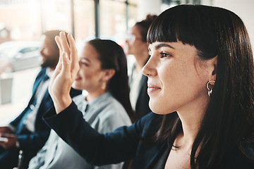 Image showing Business people, hand and audience in question, presentation or answer at office workshop. Woman with hands raised in staff training for marketing, planning or idea for team strategy in crowd seminar