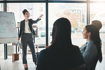 Image showing Businesswoman, coaching and whiteboard in FAQ, presentation or leadership at office workshop. Female leader, coach or mentor speaking in staff training for marketing, planning or corporate strategy