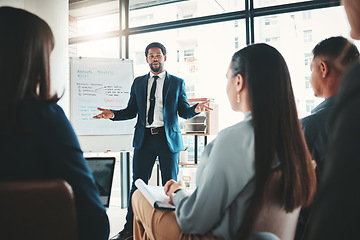 Image showing Businessman, coaching and whiteboard in FAQ, presentation or leadership at office workshop. Black male leader, coach or mentor speaking in staff training for marketing, planning or corporate strategy