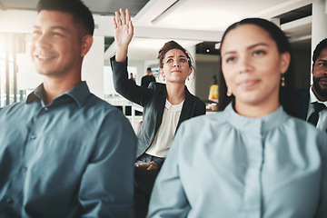 Image showing Workshop, question and woman in meeting, conference and seminar in office corporate training session. Vote, group audience or business people and employee with hand up for learning and asking