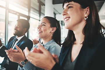 Image showing Workshop, applause and business people in meeting, conference or seminar in office. Celebration, group teamwork or crowd of employees clapping for presentation, goals or company targets at convention