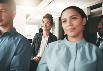 Image showing Business people, listening and audience in FAQ, presentation or crowd at office workshop. Group of employee workers in staff training for marketing, planning or idea for team strategy in seminar