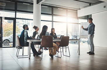 Image showing Businessman, coaching and whiteboard for presentation in leadership at office conference workshop. Male leader, coach or mentor speaking in staff training, marketing or planning in corporate strategy