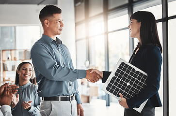 Image showing Engineering, success and solar panels with people and handshake for renewable energy, teamwork and innovation. Future, technology and applause with group cheering for photovoltaic, product and energy