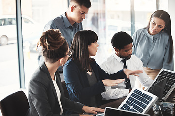 Image showing Business people, solar panel presentation and planning in office with investor group, ideas and design choice. Businessman, renewable energy proposal and sustainability with women, teamwork or goals