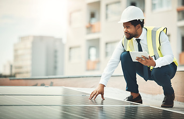 Image showing Solar panels, renewable energy and black man with tablet for construction, maintenance and inspection. Sun sustainability, building and electrician with digital tech for photovoltaic electricity