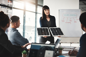 Image showing Woman, solar panel and business presentation in office with investor group, ideas or future of earth. Innovation, renewable energy proposal or sustainability at workshop, brainstorming and teamwork