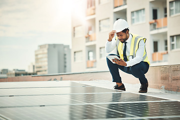 Image showing Solar panels, renewable energy and black man with tablet for engineering, maintenance and inspection. Sustainability, construction and electrician with digital tech for clean photovoltaic electricity