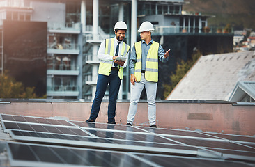 Image showing Solar panels, engineering and people with tablet for construction, maintenance and renewable energy. Urban sustainability, teamwork and electricians with digital tech for photovoltaic electricity