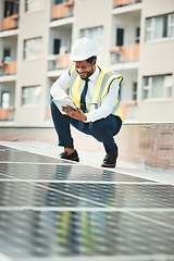 Image showing Solar panels, engineering and black man with tablet for renewable energy, maintenance and inspection. Sustainability, construction and happy electrician with digital tech for photovoltaic electricity