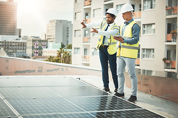 Image showing Solar panels, engineering and business people with tablet for construction, maintenance and planning. Teamwork, renewable energy and men with digital tech for sustainable photovoltaic electricity